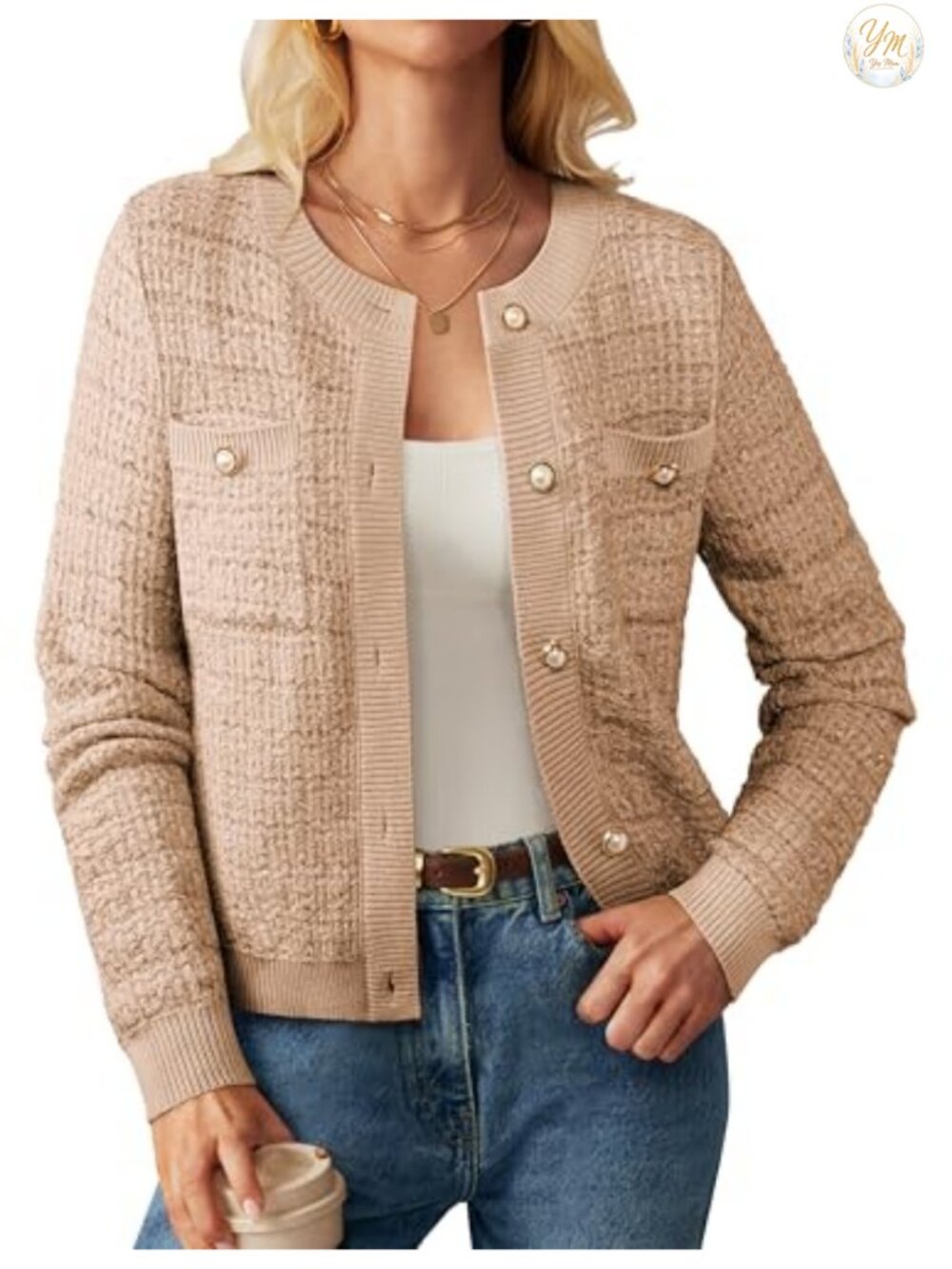 Textured Knit Button Cardigan Long Sleeve Crew Neck Pockets